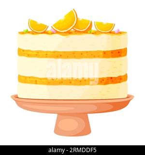 Gâteau d'anniversaire sur un stand délicieux dessert plat orange. Fête cuisson des aliments à plusieurs niveaux tarte fruité citron orange tranches bonbons décorant gelée tarte sur plaque en bois doodle icône délicieux sucré isolé Illustration de Vecteur