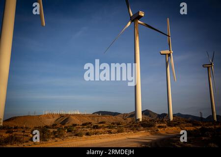 Éoliennes dans le désert au lever du soleil en Californie Banque D'Images