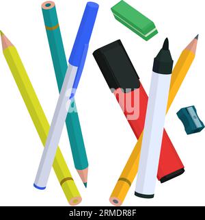 Assortiment mixte de fournitures de bureau et scolaires : stylo, marqueurs, crayons, taille-crayon et gomme Illustration de Vecteur