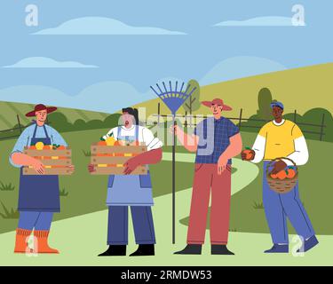 Agriculteurs sur l'illustration vectorielle plate de ferme. Ensemble de différents agriculteurs. Ouvriers agricoles récoltant les récoltes. Campagne, terres agricoles, concept agricole. Illustration de Vecteur