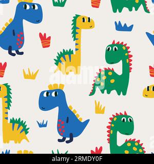 Motif répétitif enfantin avec des dinosaures dans le style scandinave. Modèle sans couture enfantin avec dinosaures dessinés à la main Illustration de Vecteur