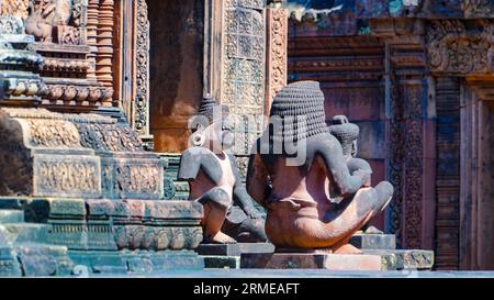 Ruines antiques mystérieuses Banteay Srei temple - célèbre monument cambodgien, Angkor Wat complexe de temples. Siem Reap, Cambodge. Banteay Srei ou Banteay Banque D'Images