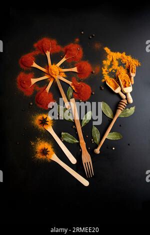 Paprika, curcuma et feuilles de Laurier disposées comme des fleurs sur des cuillères à thé en bois sur fond noir Banque D'Images