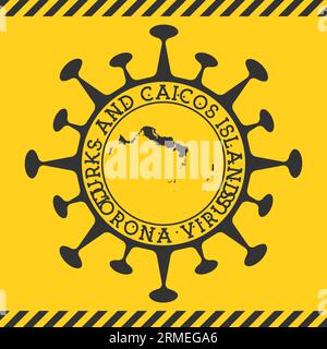 Corona virus dans les îles Turques et Caïques signe. Badge rond avec forme de virus et carte des îles Turques et Caïques. Timbre de verrouillage de l'épidemie de l'île jaune Illustration de Vecteur