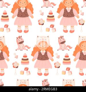 Jouets pour enfants modèle sans couture. Mignon poupée fille avec rousse bouclé dans le chapeau drôle, licorne, hochet, sucette, cubes et pyramide sur fond blanc. Vect Illustration de Vecteur