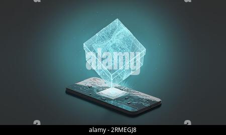 Maquette de puce neurale de boîte cadeau d'intelligence artificielle de téléphone, fond sombre Banque D'Images