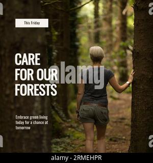 Composite de ce vendredi, soin de nos forêts texte, vue arrière de femme caucasienne debout dans les bois Banque D'Images