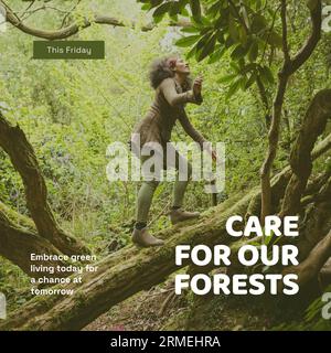 Composite de ce vendredi, soins pour nos forêts texte et femme biracial grimper sur l'arbre dans les bois Banque D'Images