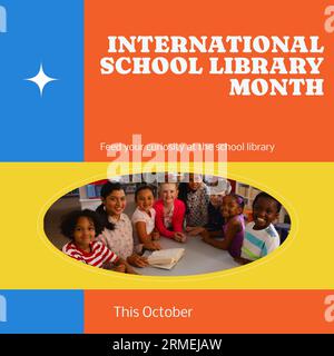 En octobre, le texte du mois international des bibliothèques scolaires et divers enseignants enseignant aux enfants. Composite, sourire, nourrir votre curiosité à l'école libra Banque D'Images