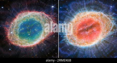 Les nouvelles images du télescope spatial James Webb de NASAs célèbre nébuleuse de l'anneau offrent une résolution spatiale et une sensibilité spectrale sans précédent. Dans l'image NIRCam (Near-Infrared Camera) à gauche, les détails complexes de la structure du filament de l'anneau intérieur sont particulièrement visibles dans cet ensemble de données. À droite, l'image MIRI (Mid-Infrared instrument) révèle des détails particuliers dans les caractéristiques concentriques dans les régions extérieures de l'anneau nebulaes. Crédit : ESA/Webb, NASA, CSA, M. Barlow, N. Cox, R. Wesson via CNP Banque D'Images