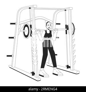 Femme avec barbell dans le support de puissance de poids plat ligne noire caractère vectoriel blanc Illustration de Vecteur