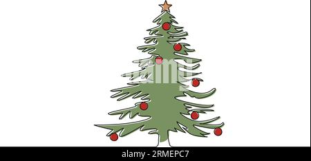 dessin en ligne unique continu colorisé de l'arbre de noël, illustration vectorielle d'art au trait Illustration de Vecteur