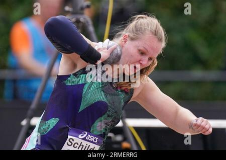 BREDA, PAYS-BAS - 28 JUILLET : Jessica Schilder des pays-Bas en compétition dans le lancer du poids le jour 1 des Championnats nationaux néerlandais d'athlétisme au Sprint AV le 28 juillet 2023 à Breda, pays-Bas. (Photo de Joris Verwijst/BSR Agency) Banque D'Images