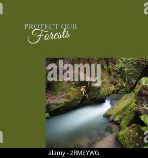 Composite de protéger nos forêts texte et longue exposition de rivière coulant dans la forêt Banque D'Images