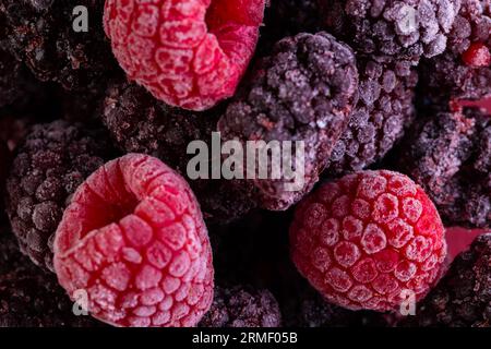 Micro gros plan de framboises surgelées avec espace de copie Banque D'Images