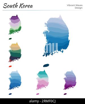 Ensemble de cartes vectorielles de Corée du Sud. Motif vagues éclatantes. Carte lumineuse du pays dans le style des courbes lisses géométriques. Illustration de Vecteur