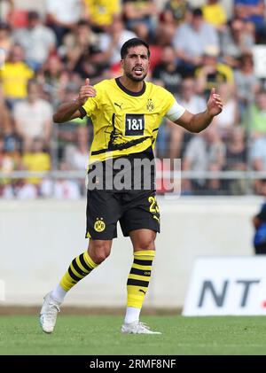 Erfurt, Deutschland. 22 juillet 2023. Firo : 07/22/2023, football, football, 1e championnat, 1e Bundesliga, saison 2023/2024, test match, Rot-Weiss Erfurt - BVB, Borussia Dortmund Emre CAN, BVB avec brassard du capitaine, capitaine, cris, geste crédit : dpa/Alamy Live News Banque D'Images