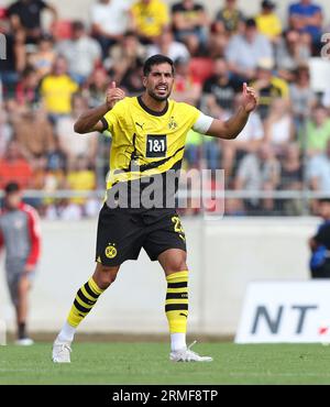 Erfurt, Deutschland. 22 juillet 2023. Firo : 07/22/2023, football, football, 1e championnat, 1e Bundesliga, saison 2023/2024, test match, Rot-Weiss Erfurt - BVB, Borussia Dortmund Emre CAN, BVB avec brassard du capitaine, capitaine, cris, geste crédit : dpa/Alamy Live News Banque D'Images