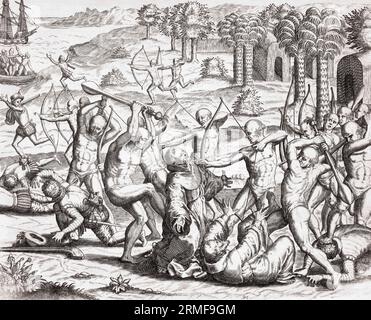 Prêtres et soldats espagnols attaqués par des autochtones après leur arrivée dans les Amériques. Après une œuvre de Theodor de Bry à la fin du 16e siècle. Banque D'Images