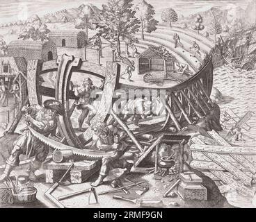 Des colons naufragés construisent un nouveau bateau. Sur la droite, les hommes ramassent le bois de l'épave et l'apportent à l'endroit où le nouveau bateau est construit. D'autres hommes plantent des cultures pour la nourriture pour la poursuite du voyage. Après une œuvre de Theodor de Bry à la fin du 16e siècle. Banque D'Images