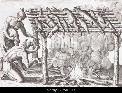 Deux hommes amérindiens fument leurs prises d'animaux et de reptiles indigènes. Après une œuvre de Theodor de Bry à la fin du 16e siècle. Banque D'Images