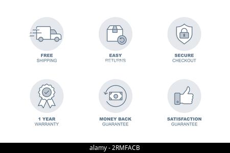 Icônes de confiance e-commerce : livraison gratuite, retours faciles, garantie de remboursement, garantie de satisfaction, paiement sécurisé, et garantie. Illustration de Vecteur