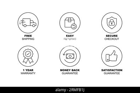 Icônes de commerce électronique sécurisé : livraison gratuite, retours faciles, garantie de remboursement Illustration de Vecteur
