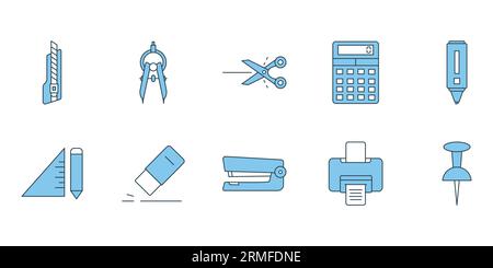 Icône jeu de papeterie. Contient des icônes couteau de coupe, couteau, diviseur, ciseaux, etc Style d'icône de ligne plate. Conception vectorielle simple modifiable Illustration de Vecteur