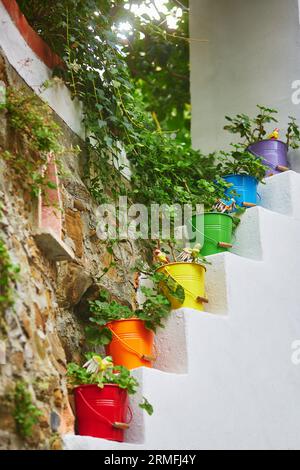 Décoration de rue colorée à Riomaggiore, l'un des cinq villages célèbres des Cinque Terre en Ligurie, Italie Banque D'Images