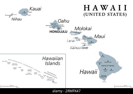 Îles Hawaii, carte politique grise. Archipel de 8 îles volcaniques majeures, plusieurs atolls et de nombreux îlots plus petits dans l'océan Pacifique Nord. Banque D'Images