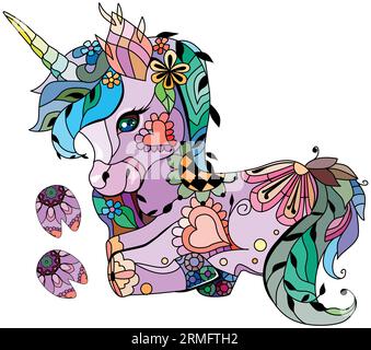 Licorne zentangle stylisé avec des imprimés de sabot. Peut être utilisé pour l'impression sur t-shirt, papier peint ou affiche. Illustration de Vecteur