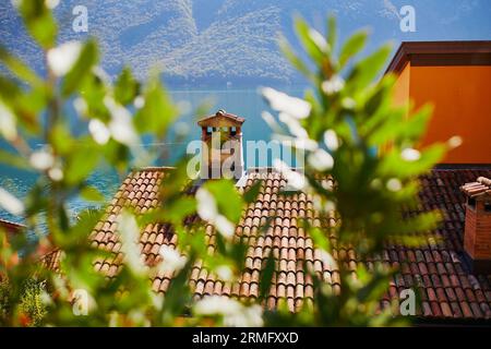 Beaux toits dans le village de Gandria près de Lugano, canton du Tessin, Suisse Banque D'Images