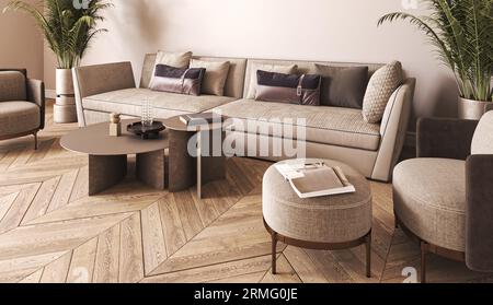 Intérieur coloré beige classique avec canapé et plante verte. Salle de séjour scandi nature claire avec décor. rendu 3d. Haute qualité 3d. Banque D'Images