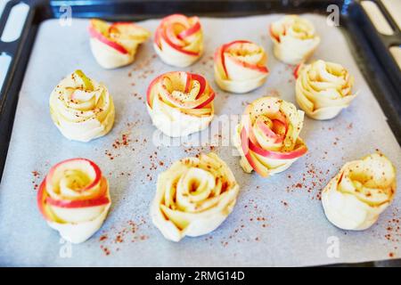 Tartes aux pommes sous forme de roses avec de la cannelle sur une poêle à pâtisserie avant goinf au four. Mise au point sélective Banque D'Images