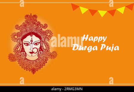 Joyeux Durga Puja Salutations y compris image graphique de peinture faite à la main de la déesse Durga avec espace de copie. Banque D'Images