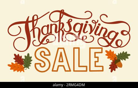 Modèle de bannière de vente de Thanksgiving Day. Lettrage vectoriel dessiné à la main. Publicité rabais saisonnier automne. Illustration de Vecteur