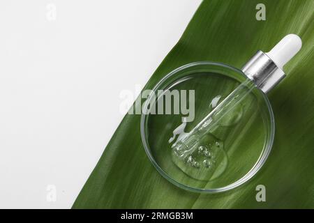 Boîte de Petri avec échantillon d'huile cosmétique, pipette et feuille verte sur fond blanc, vue de dessus. Espace pour le texte Banque D'Images