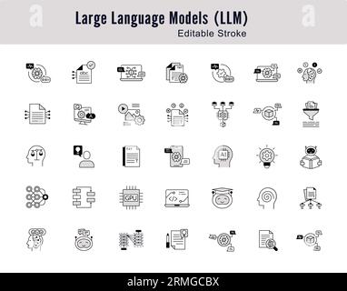 Jeu d'icônes de ligne de concepts de modèle de langue : ai, NLP, machine Learning. Icônes de contour modifiables. Illustration de Vecteur