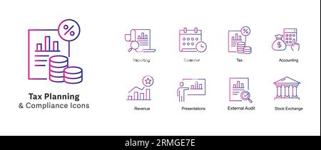 Icônes planification fiscale et conformité. Icônes de gestion fiscale, icônes de stratégie fiscale, icônes d'optimisation fiscale, symboles de conformité fiscale, icônes vectorielles de planification fiscale Illustration de Vecteur