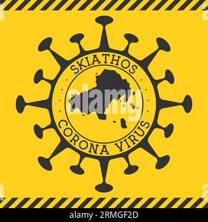 Corona virus dans le signe de Skiathos. Badge rond avec forme de virus et carte Skiathos. Timbre de verrouillage de l'épidemie de l'île jaune. Illustration vectorielle. Illustration de Vecteur