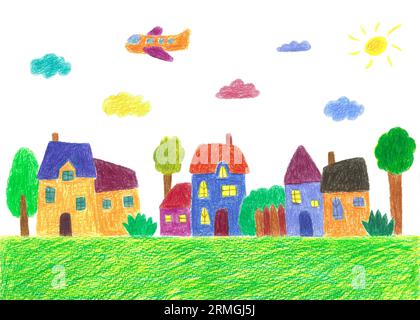 Œuvre d'art pour enfants d'Une scène de ville avec avion, bâtiments, soleil, nuage, arbres Banque D'Images