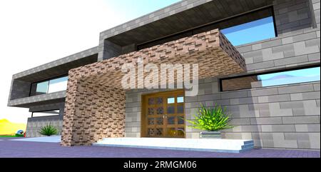Vue sur le porche. Design contemporain exclusif. Façade en panneaux métalliques, marches en béton brillant et porte battante en bois. rendu 3d. Banque D'Images