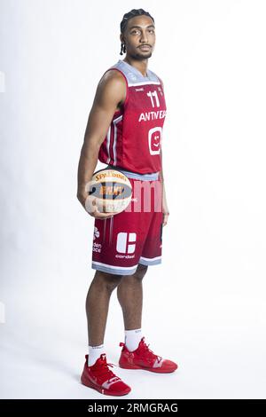 Anvers, Belgique. 28 août 2023. Justice Sueing d'Anvers pose lors d'une séance photo de l'équipe belge de basket-ball Antwerp Giants, devant la Ligue BNXT 2023-2024, lundi 28 août 2023 à Anvers. BELGA PHOTO TOM GOYVAERTS crédit : Belga News Agency/Alamy Live News Banque D'Images