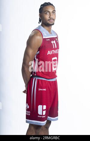 Anvers, Belgique. 28 août 2023. Justice Sueing d'Anvers pose lors d'une séance photo de l'équipe belge de basket-ball Antwerp Giants, devant la Ligue BNXT 2023-2024, lundi 28 août 2023 à Anvers. BELGA PHOTO TOM GOYVAERTS crédit : Belga News Agency/Alamy Live News Banque D'Images
