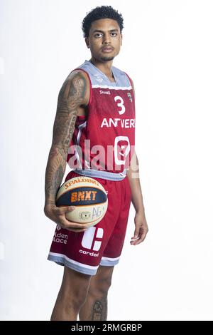Anvers, Belgique. 28 août 2023. Salim Kediambiko, anversois, pose lors d'une séance photo de l'équipe belge de basket-ball Antwerp Giants, devant la Ligue BNXT 2023-2024, lundi 28 août 2023 à Anvers. BELGA PHOTO TOM GOYVAERTS crédit : Belga News Agency/Alamy Live News Banque D'Images