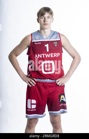 Anvers, Belgique. 28 août 2023. Feie Tallir d'Anvers pose lors d'une séance photo de l'équipe belge de basket-ball Antwerp Giants, devant la Ligue BNXT 2023-2024, lundi 28 août 2023 à Anvers. BELGA PHOTO TOM GOYVAERTS crédit : Belga News Agency/Alamy Live News Banque D'Images