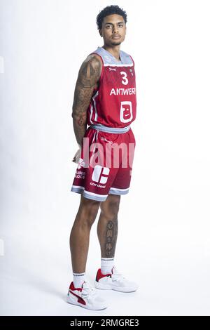 Anvers, Belgique. 28 août 2023. Salim Kediambiko, anversois, pose lors d'une séance photo de l'équipe belge de basket-ball Antwerp Giants, devant la Ligue BNXT 2023-2024, lundi 28 août 2023 à Anvers. BELGA PHOTO TOM GOYVAERTS crédit : Belga News Agency/Alamy Live News Banque D'Images