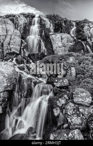 Image en noir et blanc des chutes Timberline dans le parc national des montagnes Rocheuses, Estes Park, Colorado. Banque D'Images