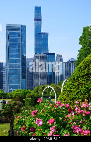 CHICAGO, il -2 JUIN 2023- vue du Grant Park Rose Garden avec vue sur les gratte-ciel du centre-ville de Chicago. Banque D'Images