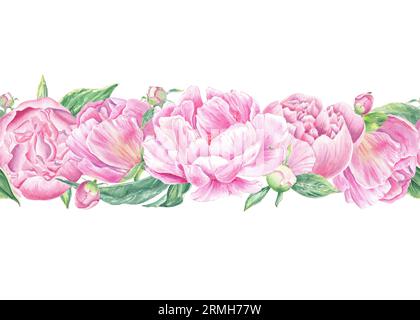 Aquarelle sans couture bordure rose pivoines dessinées à la main dans un style botanique pour une utilisation dans la présentation, mariage, vacances et invitation de conception de la nature. Fleurs Banque D'Images